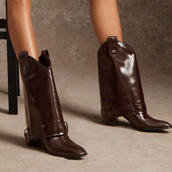 Chocolate Brown Casual Women's Block Heel Mid-Calf Boots - Picture 2 of 7